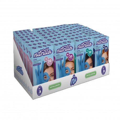 NITRILLA púdermentes kék nitril antiallergén védőkesztyű KÍNÁLÓ KARTONBAN 4x8 doboz - S/M/L/XL
